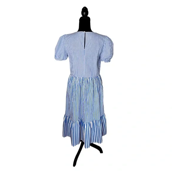 J. Crew Poplin Puff Sleeve Blue Striped Tiered Midi Ruffle Dress Size 4 GUC! - Picture 4 of 16